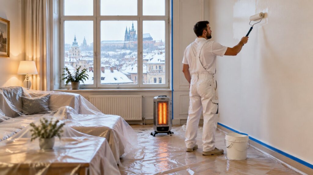 Malíř maluje stěnu obývacího pokoje v zimě, nábytek je zakrytý fólií a elektrický přímotop urychluje schnutí barvy